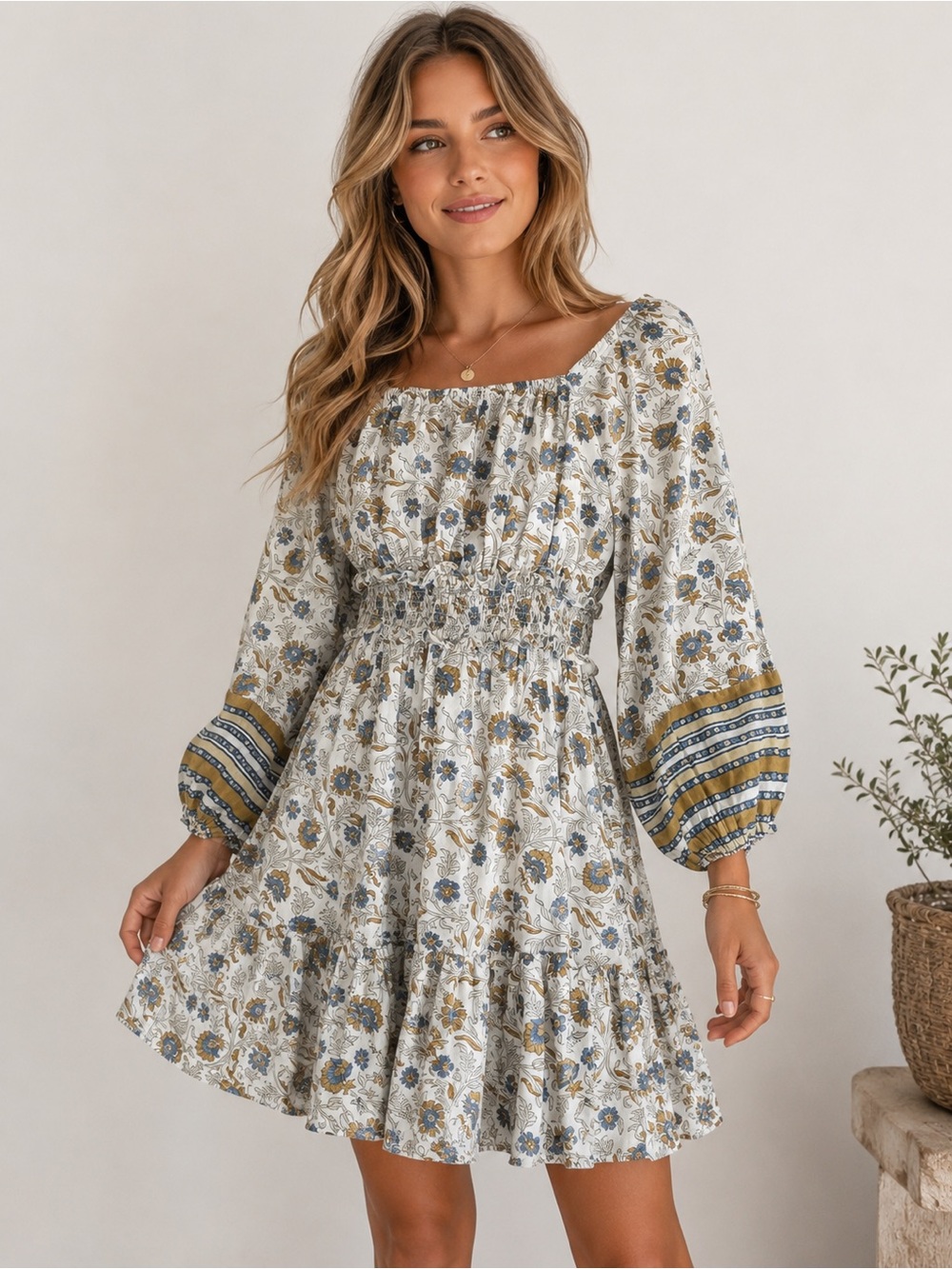 Cleobella Floral Smocked Waist Mini Dress White/Blue/Gold organic cotton Large